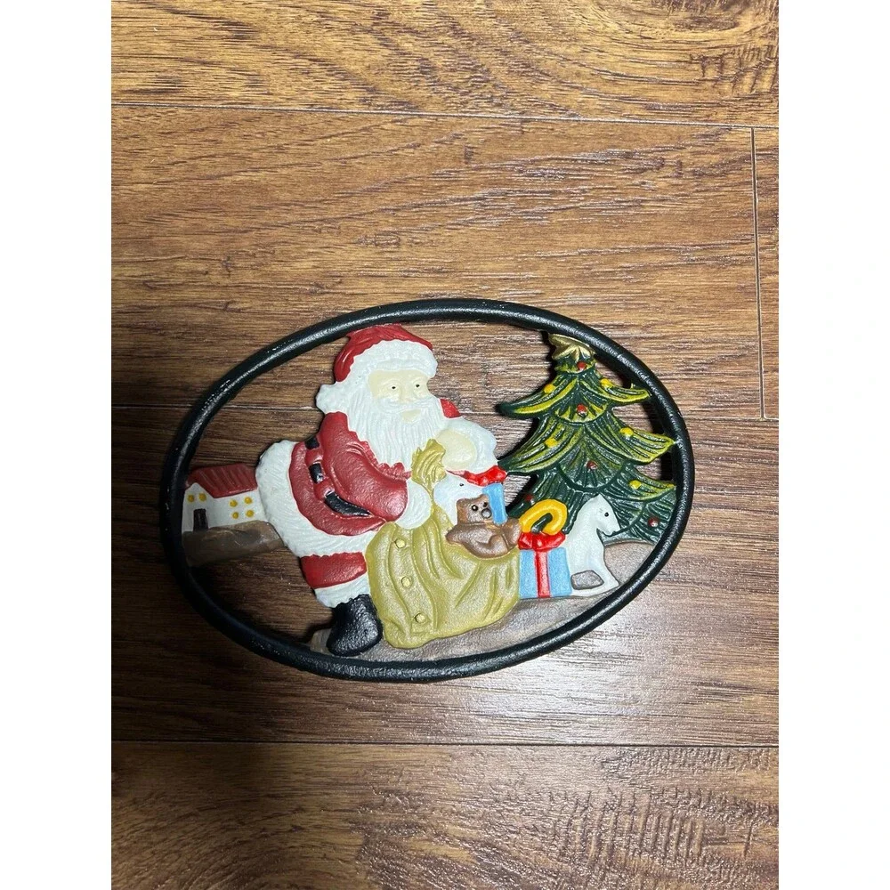 Vintage Hand Painted Santa Claus Christmas Tree Cast Iron Trivet Xmas Decoration